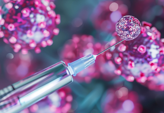 A close-up illustration of a syringe needle approaching a stylized virus particle, suggesting vaccination or medical treatment.