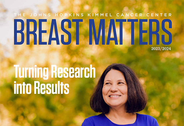 Breast Matters cover featuring Dr. Vered Stearns in a royal blue dress