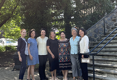 Left to right: Kendall Moseley. M.D., Kate Pisano, Erin Michos M.D., Liz Raymond, Tina Zhang, M.D., Wen Shen, M.D., Vered Stearns, M.D.