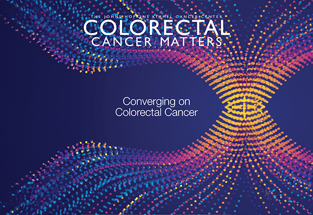 Colorectal cancer Matters | Converging on Colorectal Cancer publication cover with a dark blue background color and multicolor design radiating out.