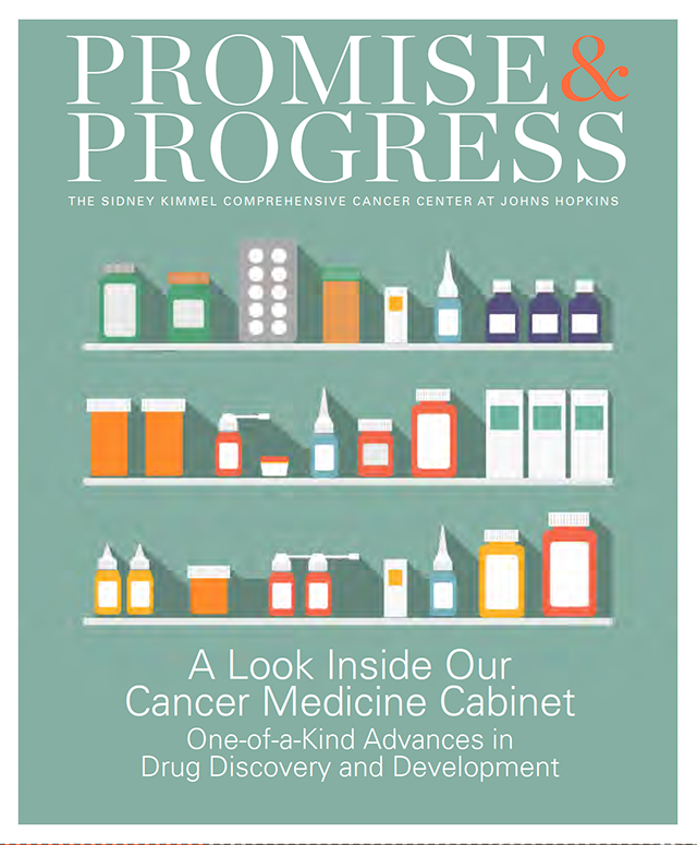 Promise and progress cover image illustration with title at top and medicine bottles on a shelf.