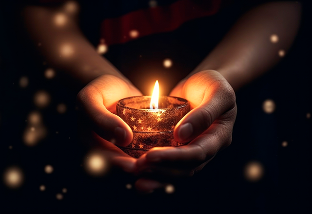 Two hands supping a candle on a lack background.