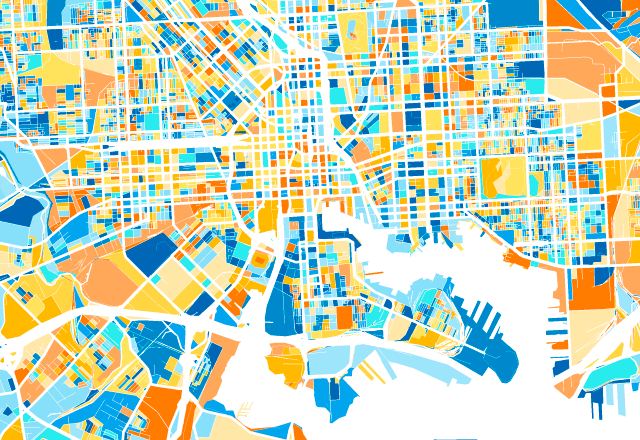 Colorful illustration of a map of Baltimore, MD