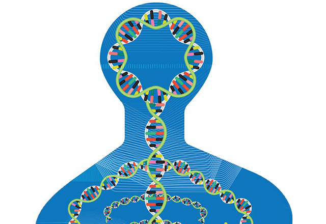 Illustration of upper torso with colorful dna genes design within