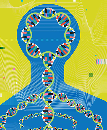 Illustration of an upper torso in blue with a colorful dna design in its interior on a yellow background.
