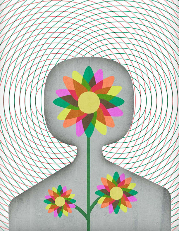 Illustration of torso outline with three colorful flowers in the center.