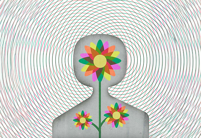 Illustration of torso outline with three colorful flowers in the center.