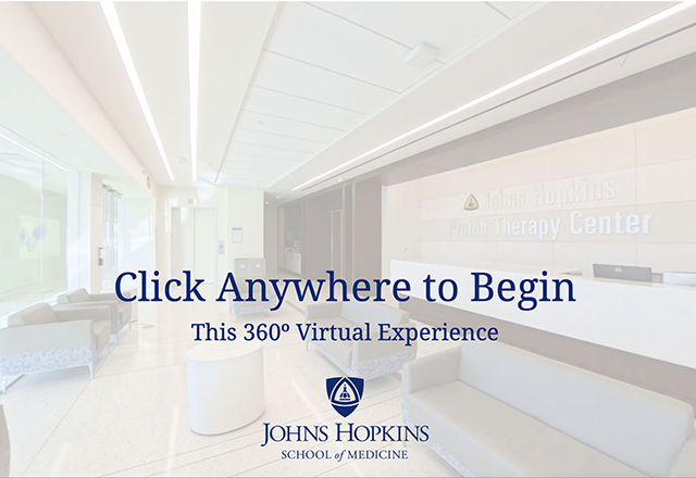 Photograph of Proton Center Lobby. Click anywhere to begin this 360 virtual experience. Johns Hopkins School of Medicine