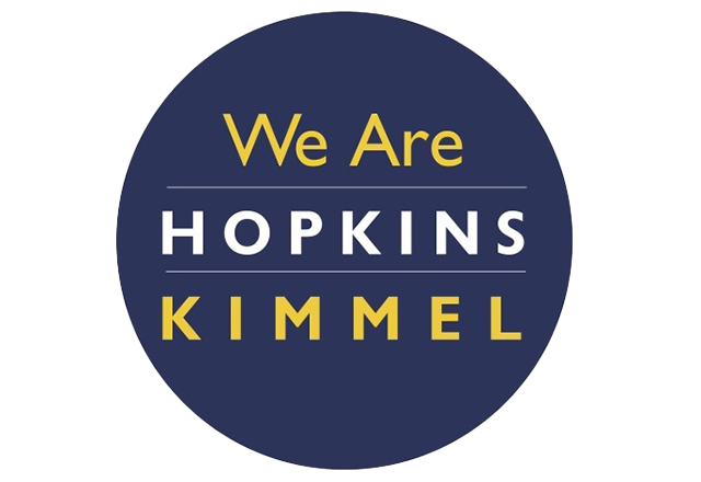 Round blue icon with We Are Hopkins Kimmel text stacked in center.