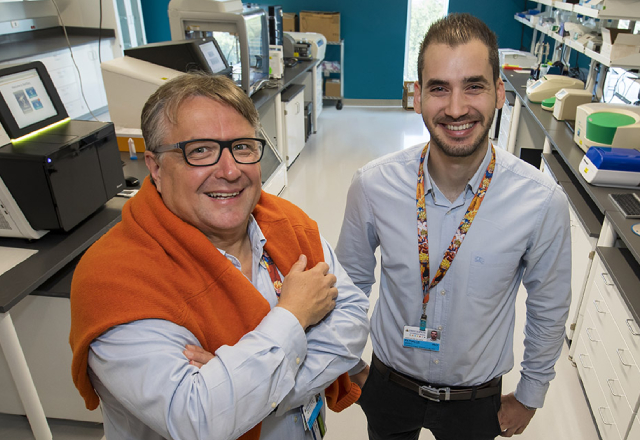 Laszlo Nagy, M.D., Ph.D., left, with Andreas Patsalos, Ph.D.
