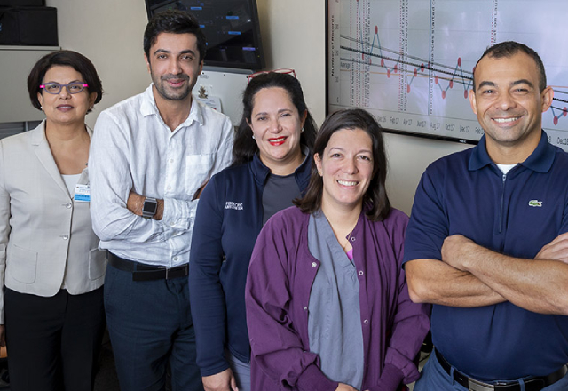 The use of visual analytics in the hospital’s anesthesia office keeps team members up-to-date on their progress. From left, Anna Varughese, M.D., Ali Jalali, Ph.D., Jenny Dolan, M.D., Allison Fernandez, M.D., and Luis M. Ahumada, Ph.D., at Johns Hopkins All Children’s Hospital.