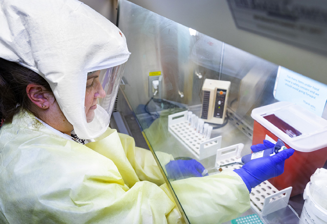Mandy Gustafson, lead medical technologist for microbiology, performs COVID testing in the laboratory at Johns Hopkins All Children's.