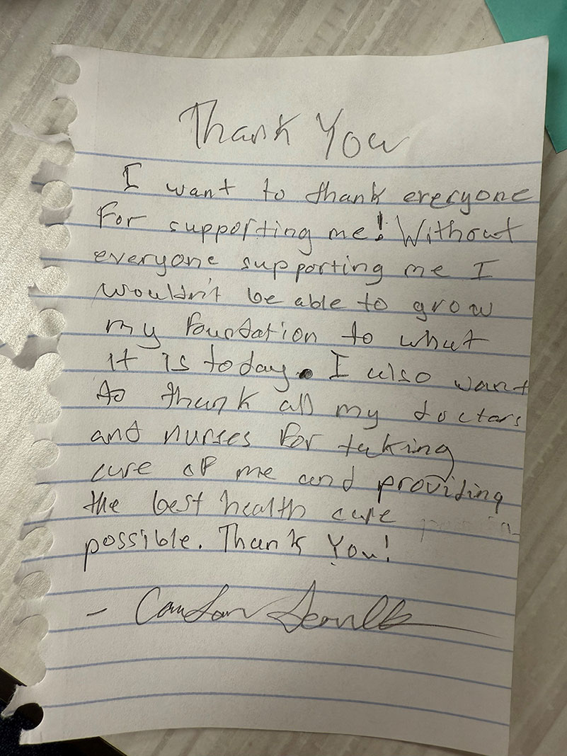 Carson's Handwritten note to Johns Hopkins All Children's Hospital