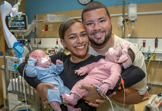 Charlotte and Jett with their parents Chelsea and Joshua in the neonatal intensive care unit at Johns Hopkins All Children's Hospital