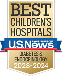 A badge that says "Best Children's Hospitals | U.S. News & World Report | Diabetes & Endocrinology 2022-23"