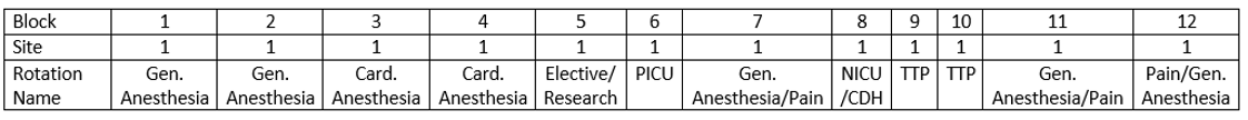 Anesthesia Fellowship block schedule