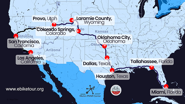 A map showing the ebike tour route across the U.S. from Florida to California highlighting stops in several cities.