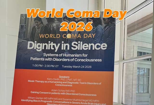 World Coma Day 2026 logo on a poster board featuring a globe and awareness ribbon, promoting awareness of coma and brain injury.