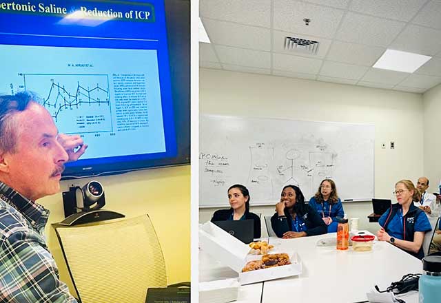 Split image: On the left, a man presents a graph on "Hypertonic Saline - Reduction of ICP". On the right, a group listens attentively in a conference room.