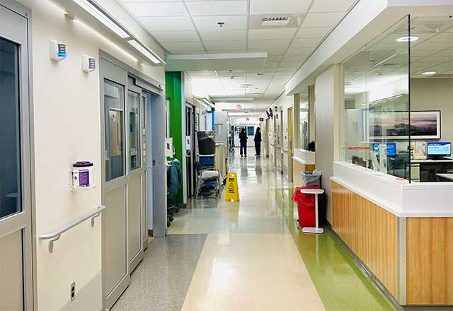 An empty hallway of the neurocritical care unit.