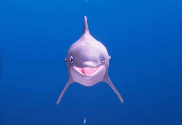 Video game rendering of a smiling dolphin