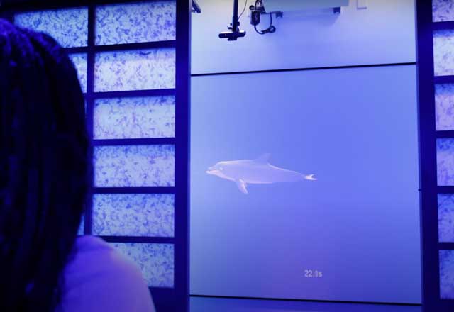 A woman is watching as the sliding doors open in front of her to reveal a screen showing a dolphin in a video game.
