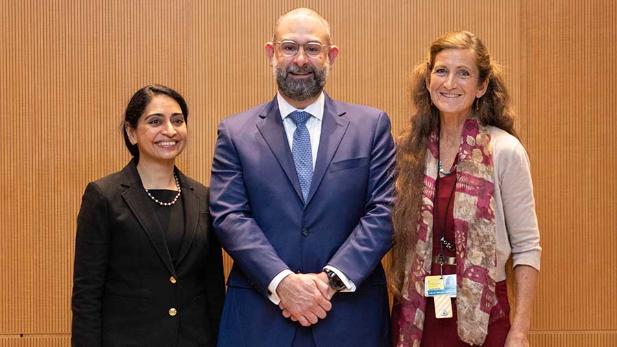 Drs. Raghavan, Urrutia and Hillis standing together at a ceremony.