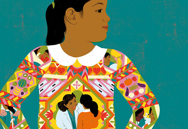 illustration of a young immigrant girl wearing a beautifully designed sweater