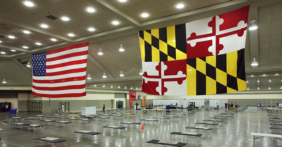 Maryland State and U.S Flag hanged in the Baltimore Convention Center Field Hospital.