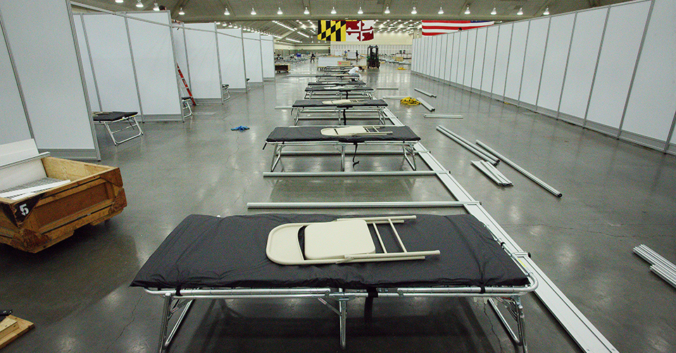 Patient beds inside the Baltimore Convention Center Field Hospital.