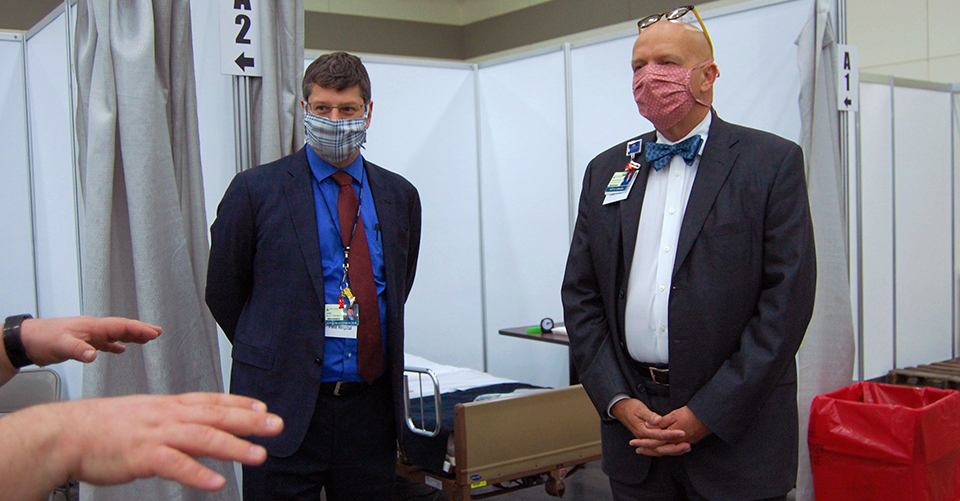 Efron and Sowers inside the Baltimore Convention Center Field Hospital.