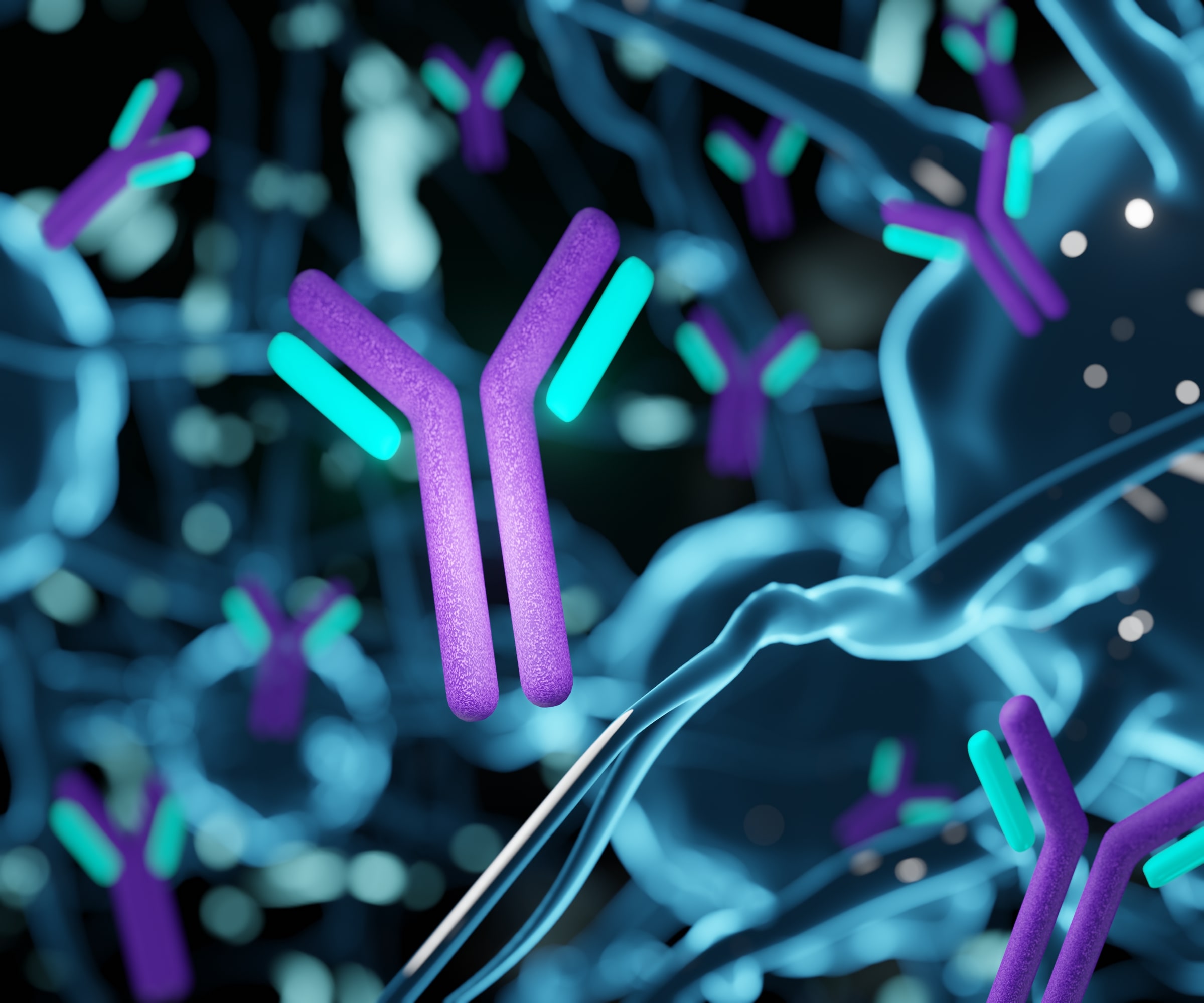 Antibody structures floating against a dark background, emphasizing their role in the immune response and molecular biology