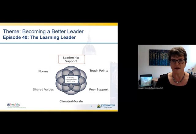 10 Minute Well-being Tips for Managers | Episode 40 Learning Leader video thumbnail featuring Carolyn Cumpsty-Fowler and a slide titled "Theme: Becoming a Better Leader, Episode 40: The Learning Leader"
