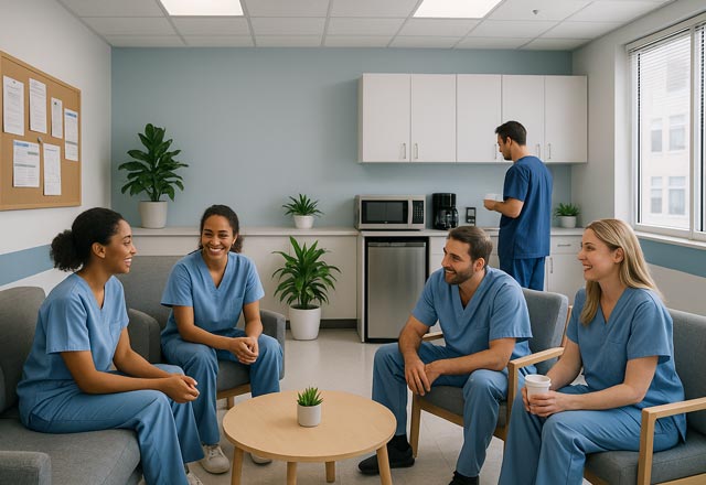 Group of nurses talking in a breakroom