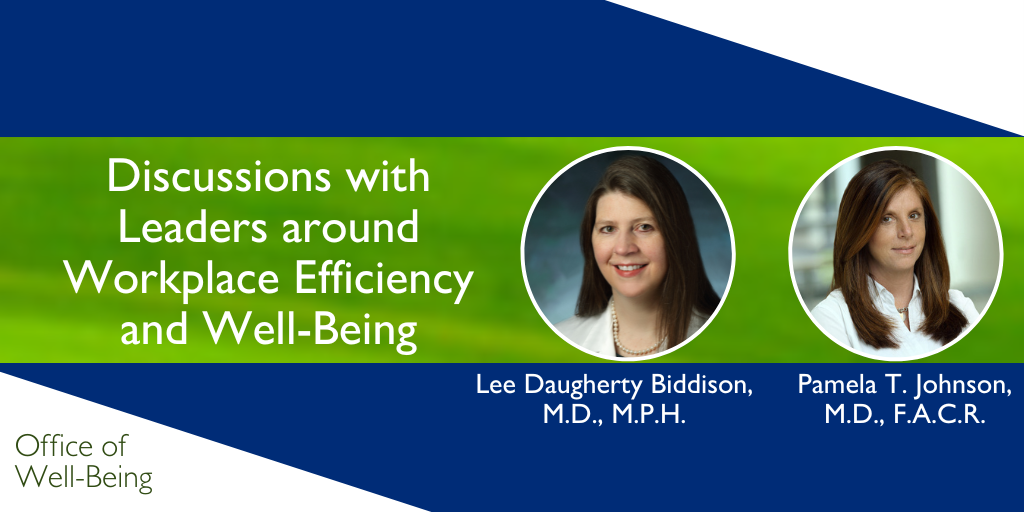 Advertising graphic for the interview discussion between Lee Biddison, MD, MPH and Pamela Johnson reading "Discussions with Leaders around Workplace Efficiency and Well-Being"