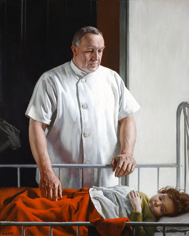 A painting of Dr. William S. Baer at a child’s hospital bedside.