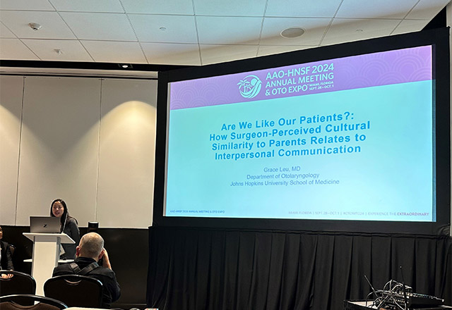 Otolaryngology resident, Grace Leu, presenting at the 2024 AAO-HNSF Annual Meeting and Otolaryngology Expo. She was recognized for the best abstract in her subspecialty!