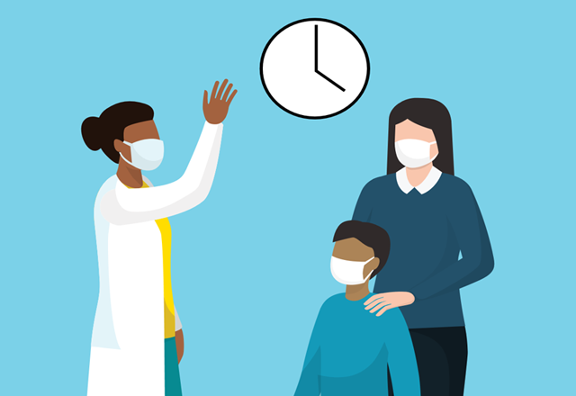 An illustrative graphic of a masked healthcare provider greeting patients