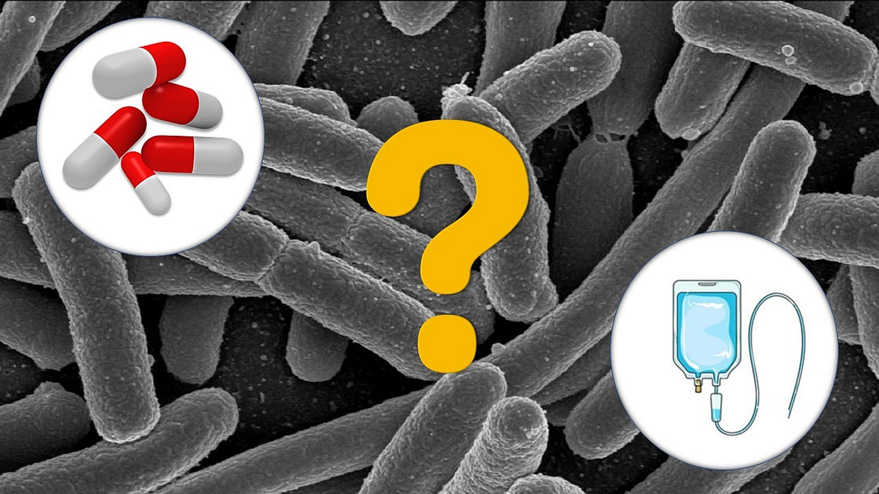 A collage of icons representing antibiotics, infection and research questions