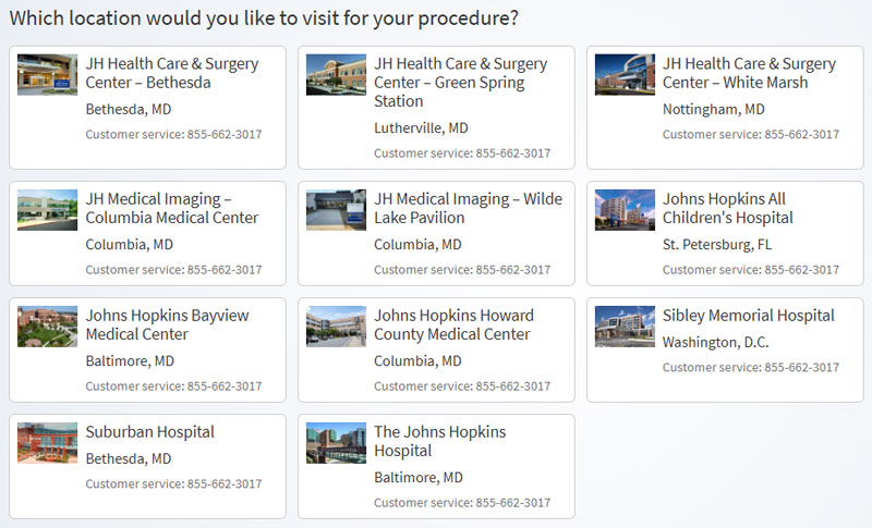 Selections displays showing the different Johns Hopkins locations.