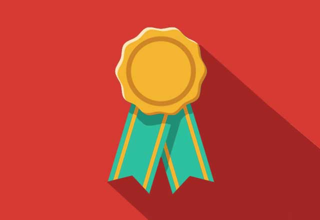 A graphic of a gold medal with green ribbons on a red background.