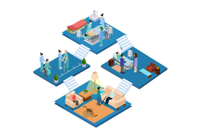 Illustration of four rooms with patients and providers.