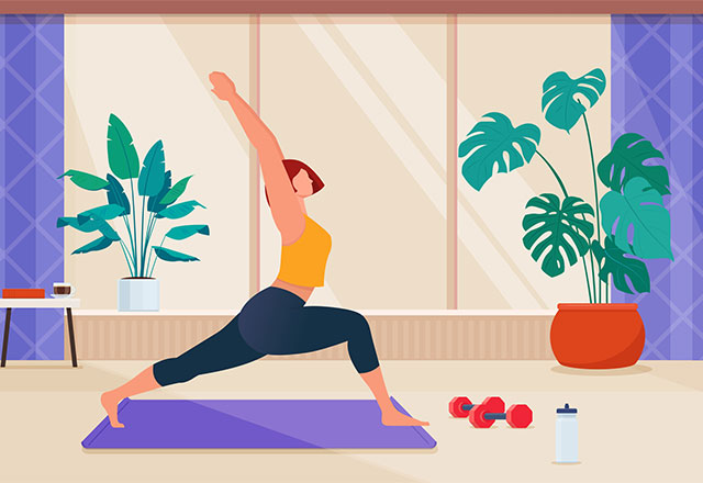 A illustration of a woman doing yoga in her home.