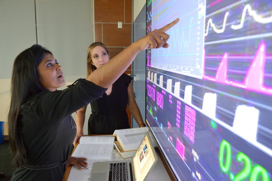 two researchers looking at chart