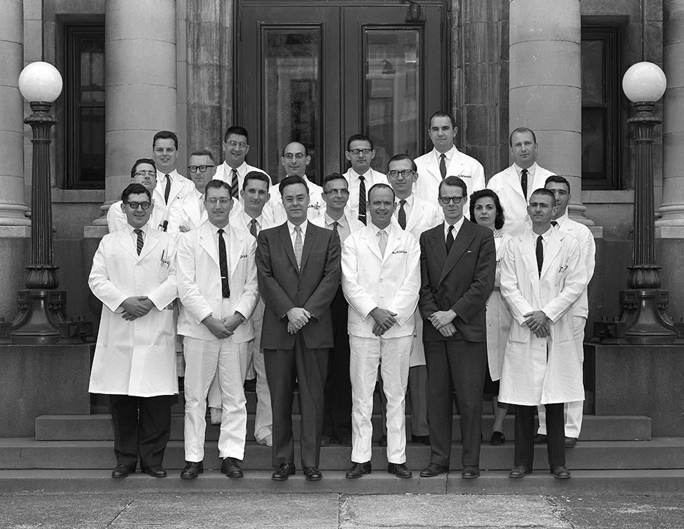 atrick Reames pictured with Johns Hopkins Radiology trainees along side Russell H. Morgan in the 1960s