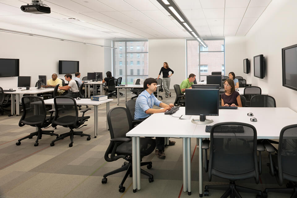The flat-floor learning studio was designed for team learning activities, including team-based learning and problem-based learning.