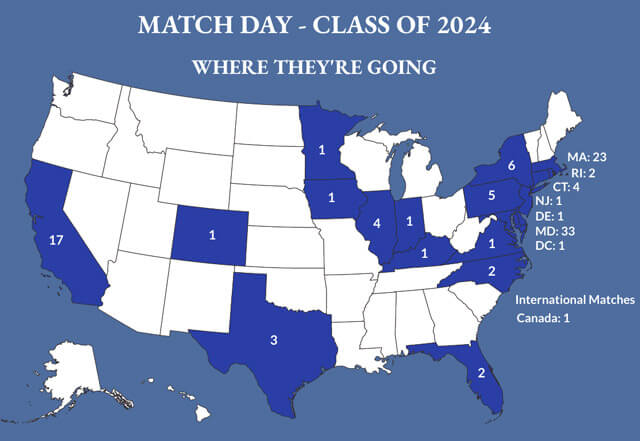 Map of the United States listing where our residents matched.