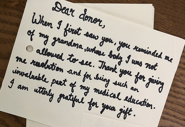 a picture of a card that a student wrote for their donor