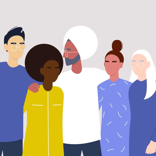 Illustration of a diverse group of people standing together and hugging