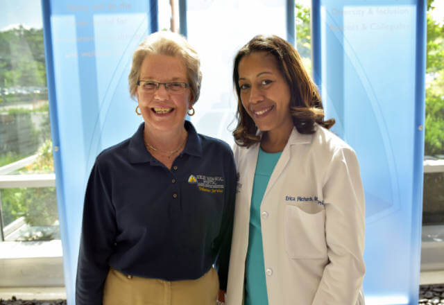 Sibley Hospital volunteer Patty Mason, pictured here with Erica Richards, M.D., Ph.D.
